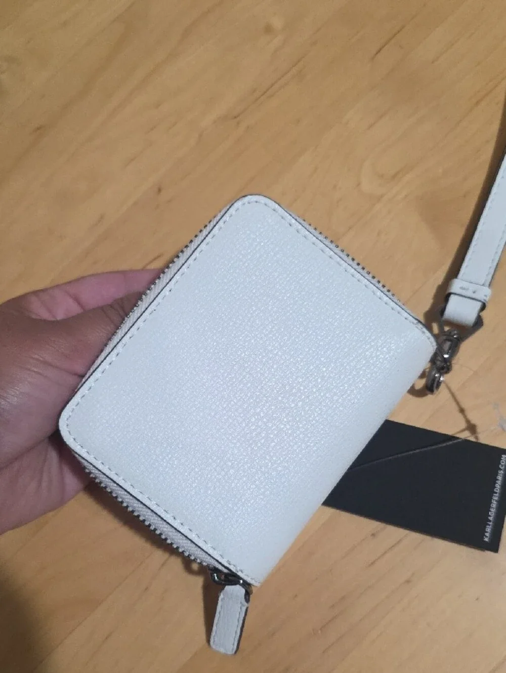 Karl Lagerfeld White Zip Wristlet Wallet with Icon Accents